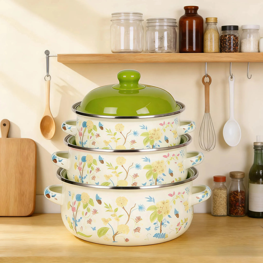 Vintage Enamel Stock Pot Set with Lid