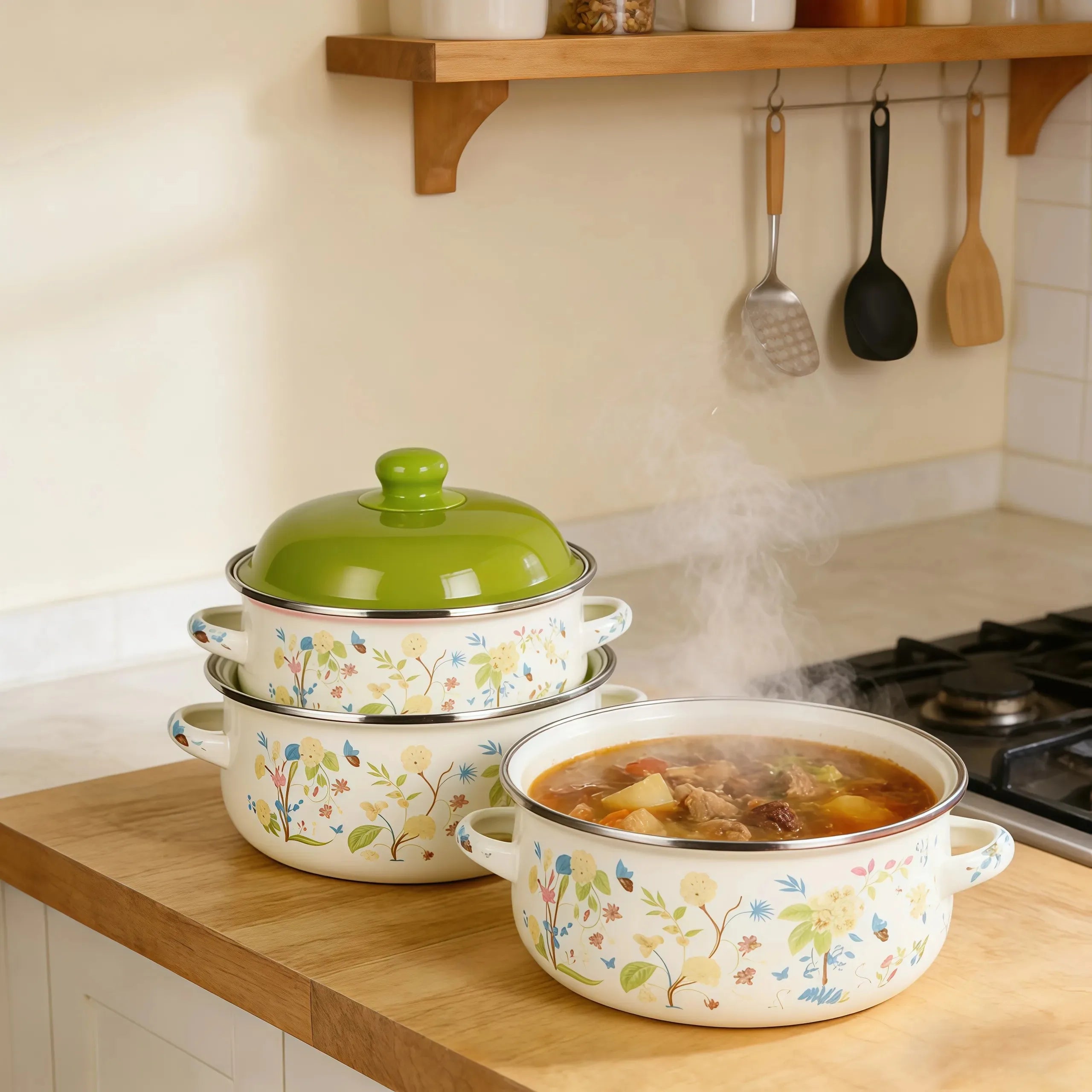 Vintage Enamel Stock Pot Set with Lid