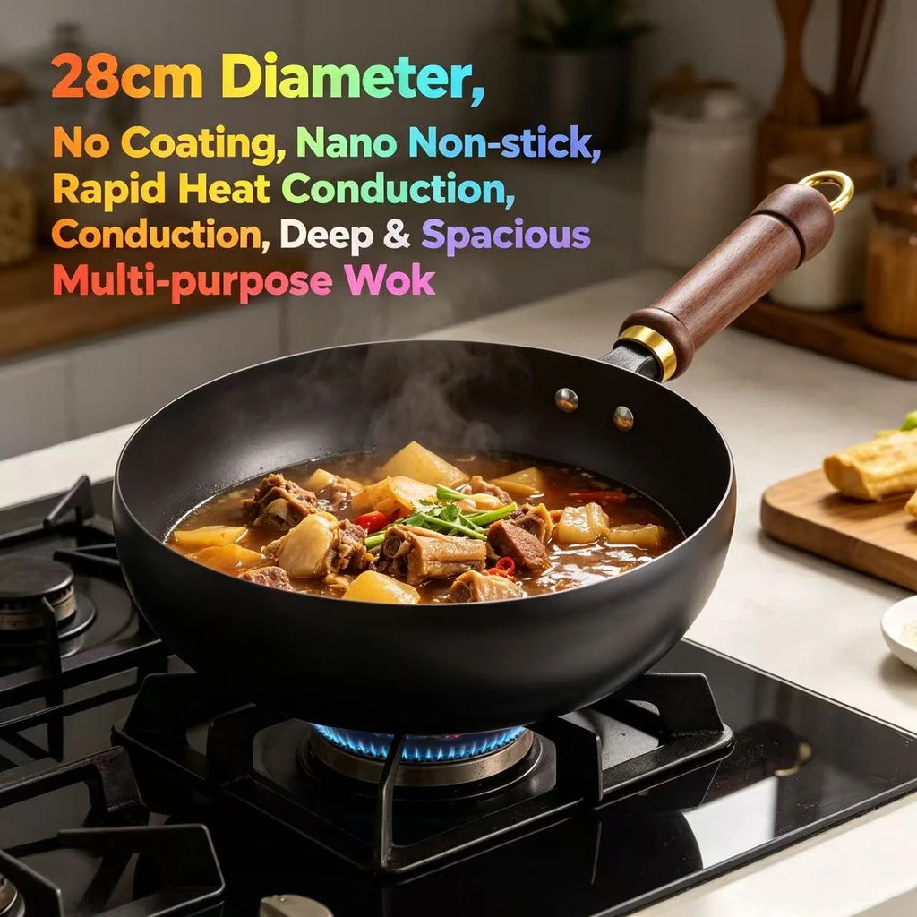 Pure Iron Wok Uncoated Carbon Steel Frying Pan